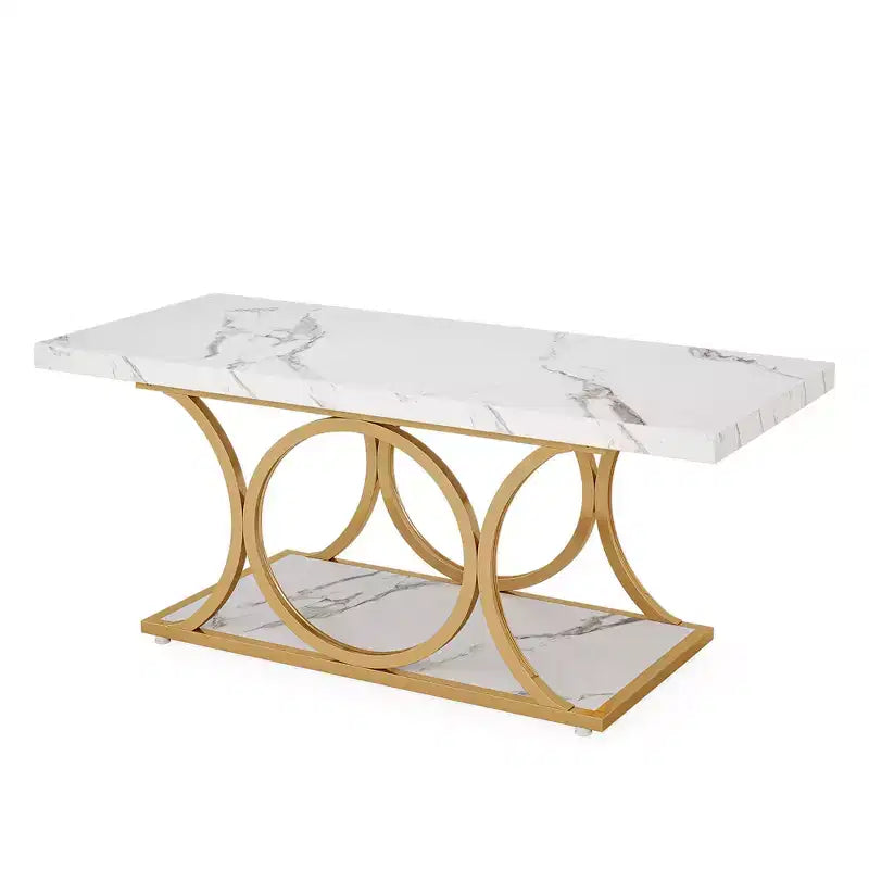 2-Tier Modern Coffee Table – White Faux Marble Top & Gold Metal Legs, 200 lb Capacity