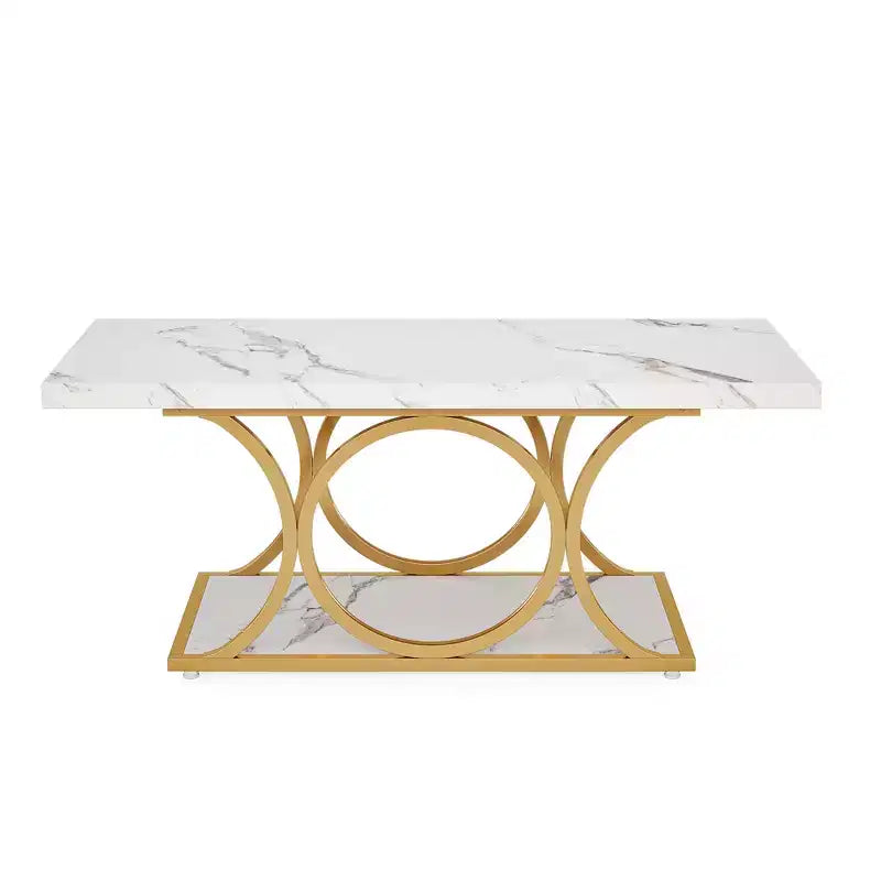 2-Tier Modern Coffee Table – White Faux Marble Top & Gold Metal Legs, 200 lb Capacity