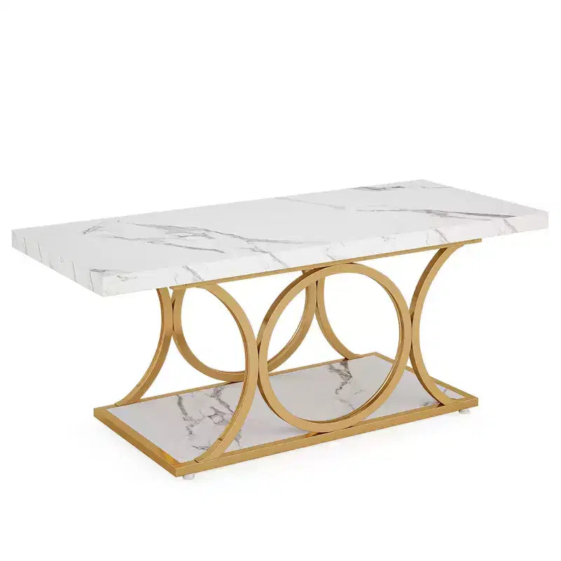 2-Tier Modern Coffee Table – White Faux Marble Top & Gold Metal Legs, 200 lb Capacity