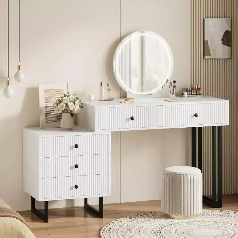 Makeup Vanity Desk with Mirror, 5 Drawers & 3 Color Lights – Adjustable Brightness