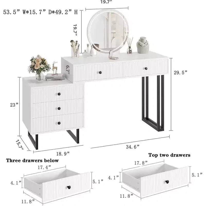 Makeup Vanity Desk with Mirror, 5 Drawers & 3 Color Lights – Adjustable Brightness