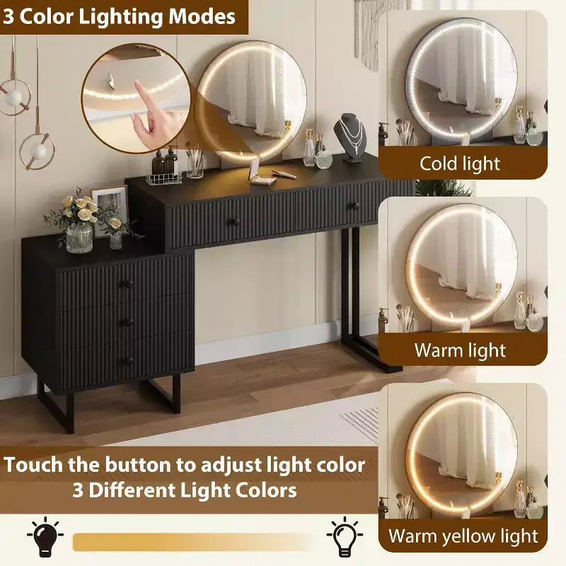 Makeup Vanity Desk with Mirror, 5 Drawers & 3 Color Lights – Adjustable Brightness