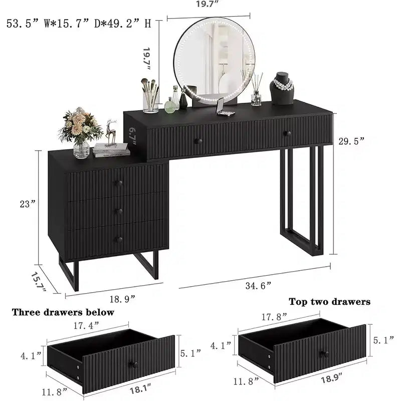 Makeup Vanity Desk with Mirror, 5 Drawers & 3 Color Lights – Adjustable Brightness