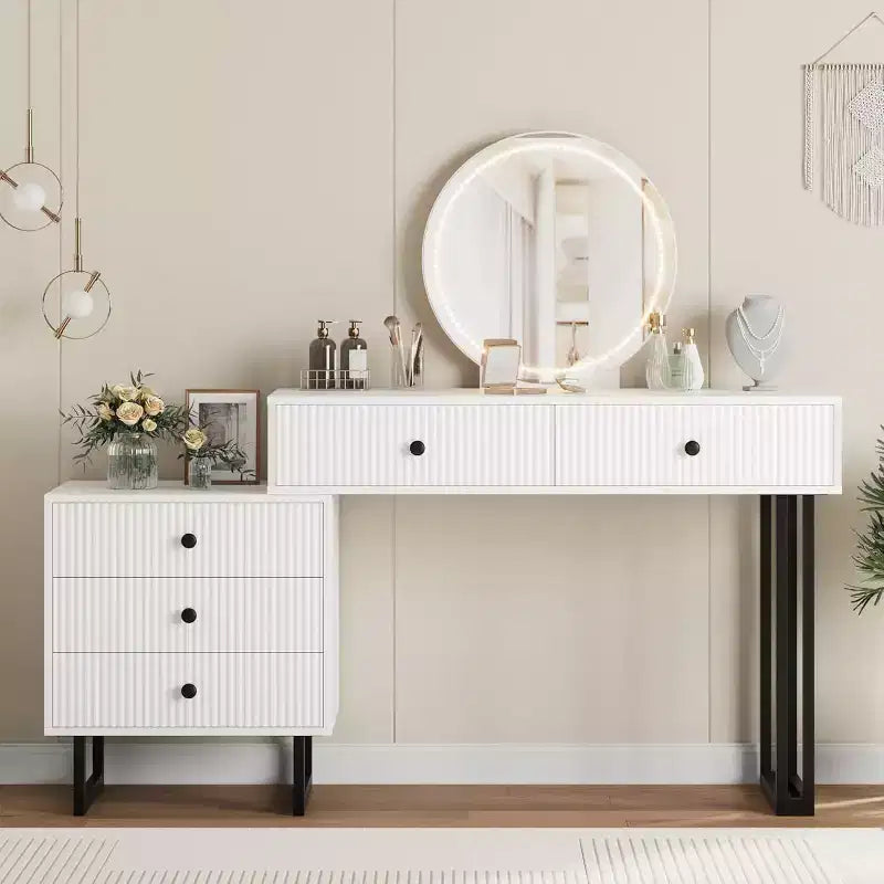 Makeup Vanity Desk with Mirror, 5 Drawers & 3 Color Lights – Adjustable Brightness