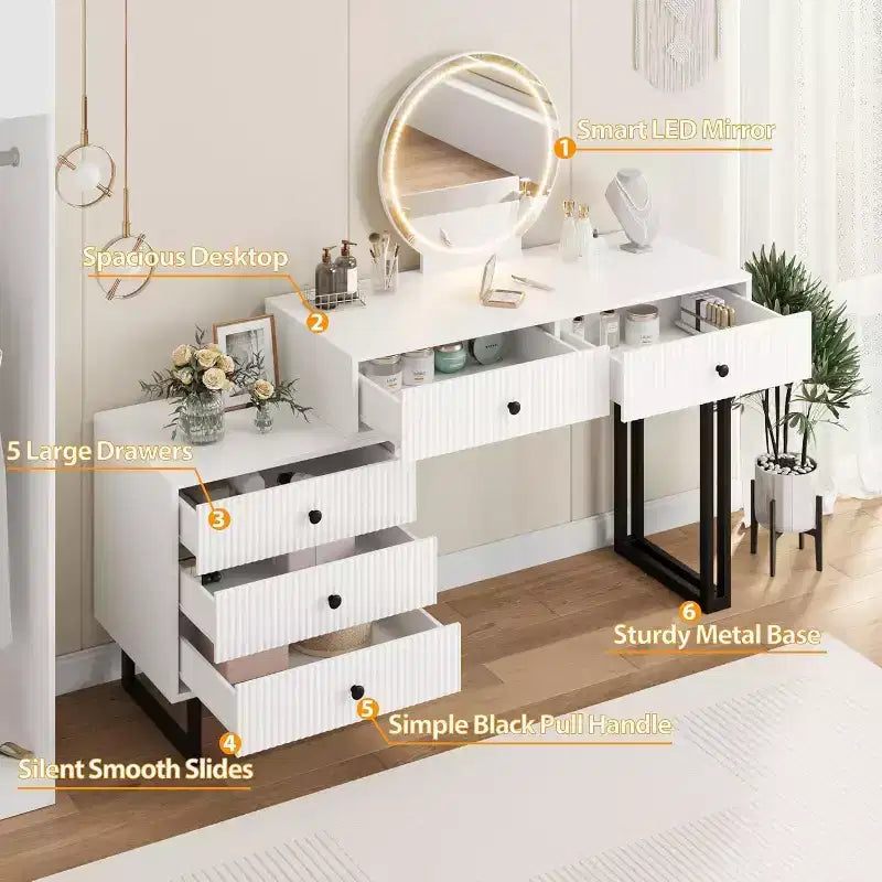 Makeup Vanity Desk with Mirror, 5 Drawers & 3 Color Lights – Adjustable Brightness
