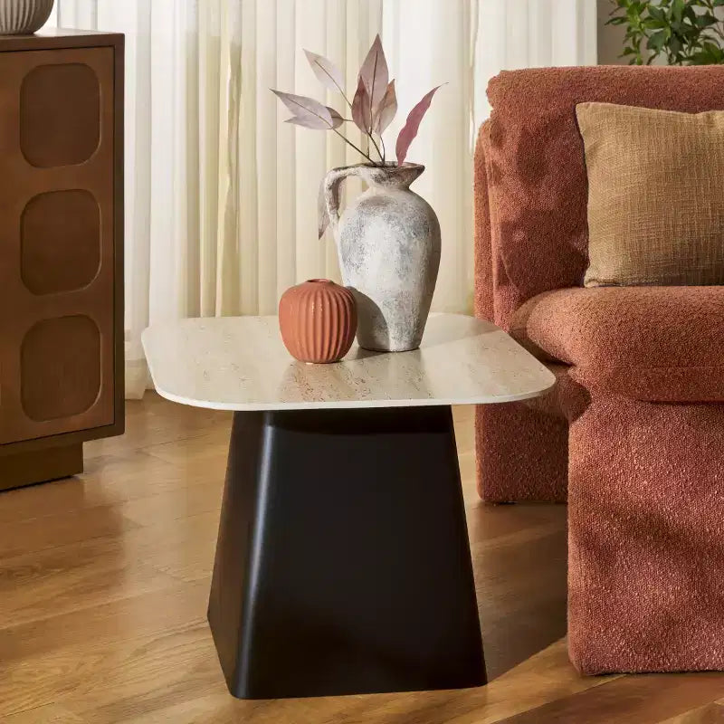 Modern Porcelain Side Table – Beige Top, Black Powder-Coated Iron Base, 19.7"