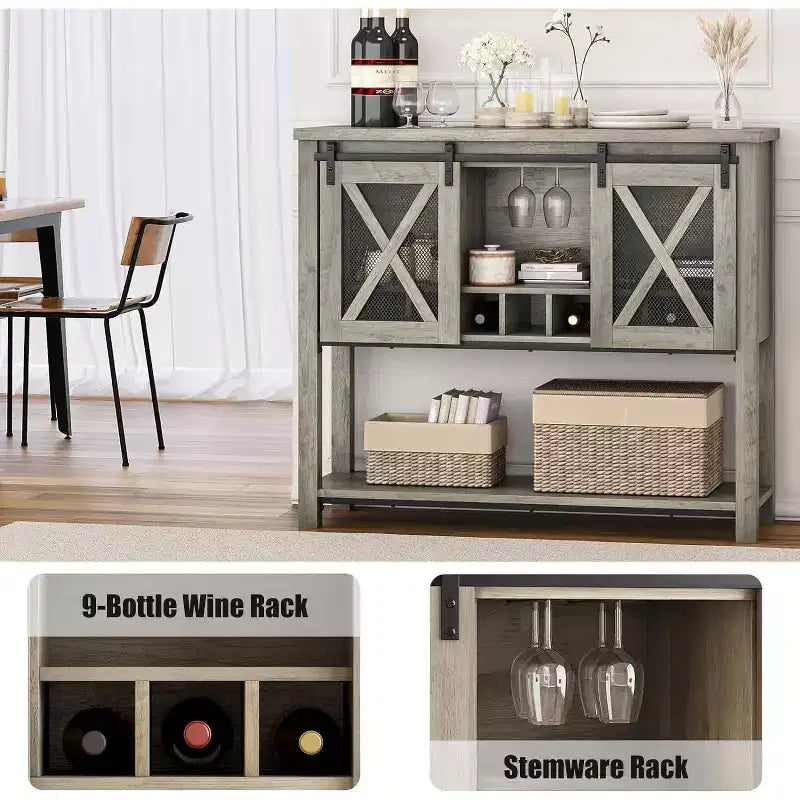 Wine Bar Cabinet with Sliding Barn Door – Wine Rack, Glass Holder & Storage