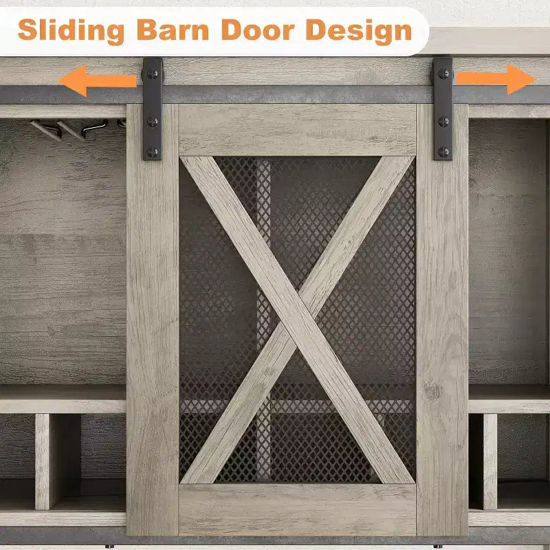 Wine Bar Cabinet with Sliding Barn Door – Wine Rack, Glass Holder & Storage