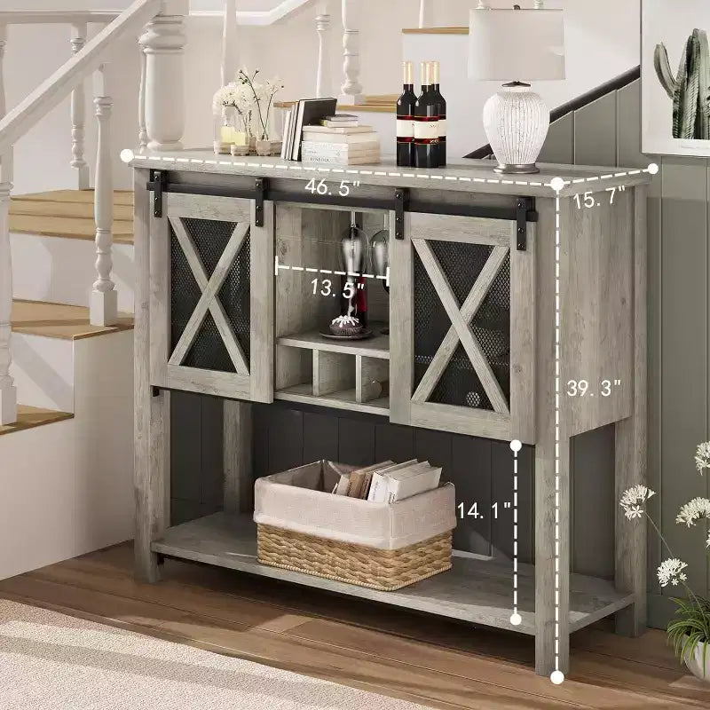 Wine Bar Cabinet with Sliding Barn Door – Wine Rack, Glass Holder & Storage