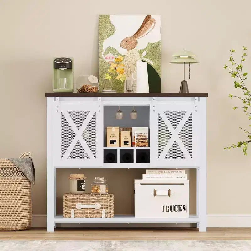 Wine Bar Cabinet with Sliding Barn Door – Wine Rack, Glass Holder & Storage