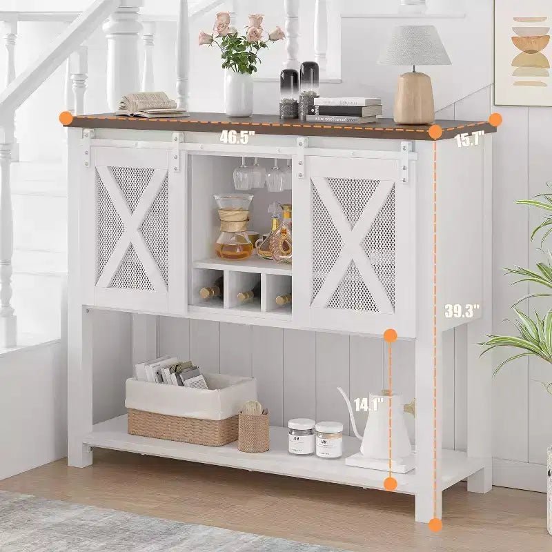 Wine Bar Cabinet with Sliding Barn Door – Wine Rack, Glass Holder & Storage