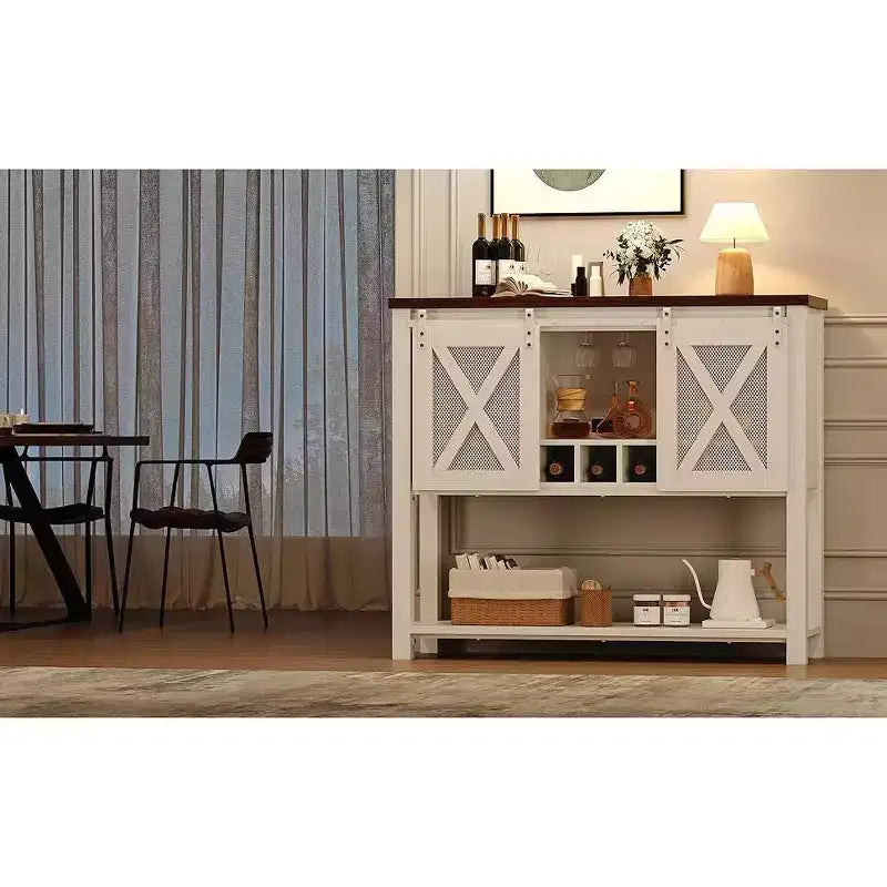 Wine Bar Cabinet with Sliding Barn Door – Wine Rack, Glass Holder & Storage
