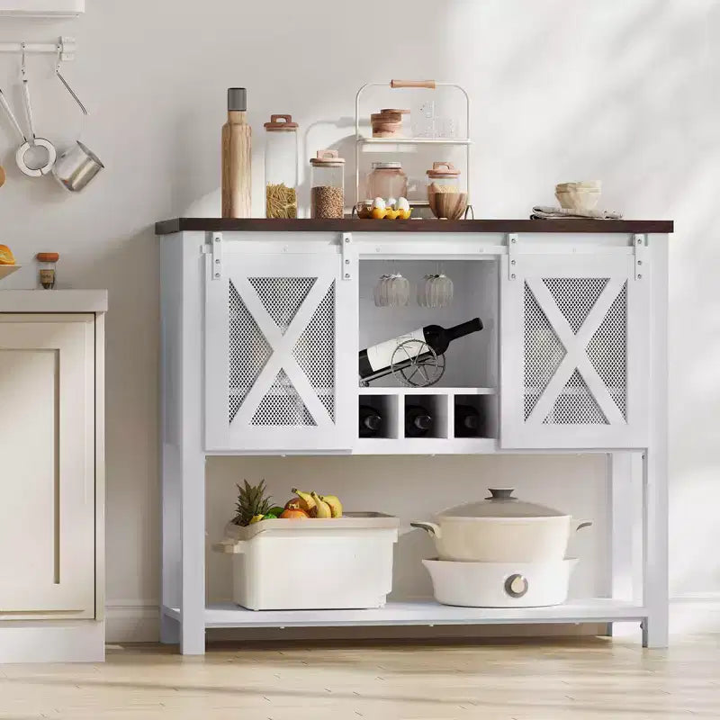 Wine Bar Cabinet with Sliding Barn Door – Wine Rack, Glass Holder & Storage