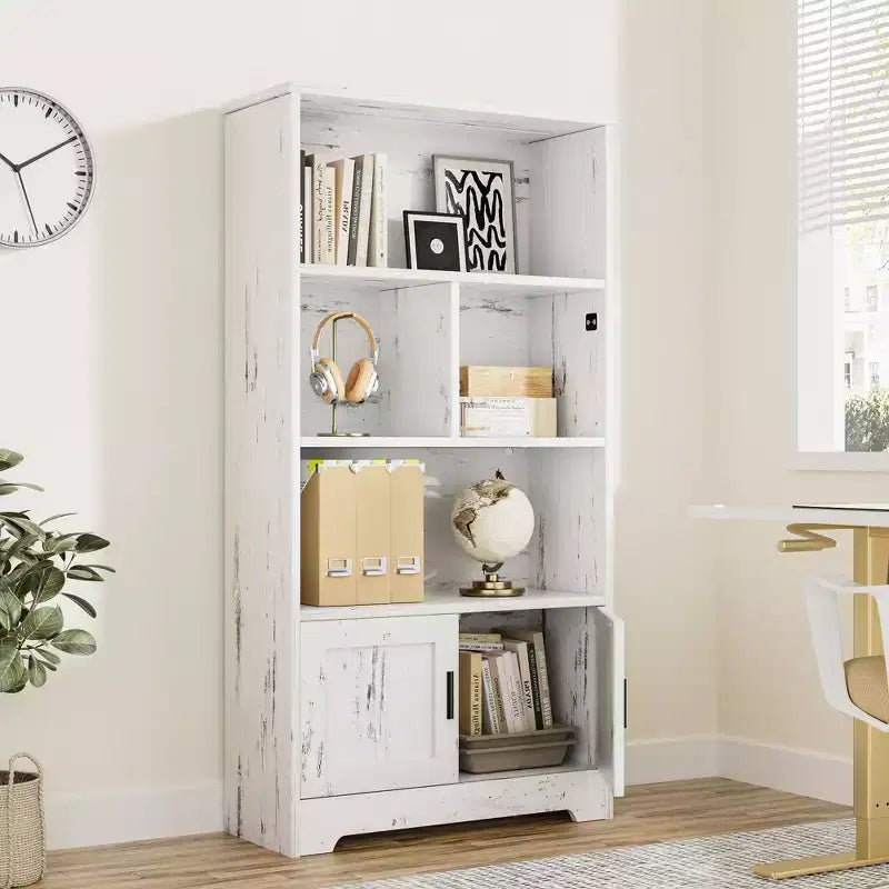 Farmhouse White Bookcase with Door & LED Lights – Multi-Room Storage Rack