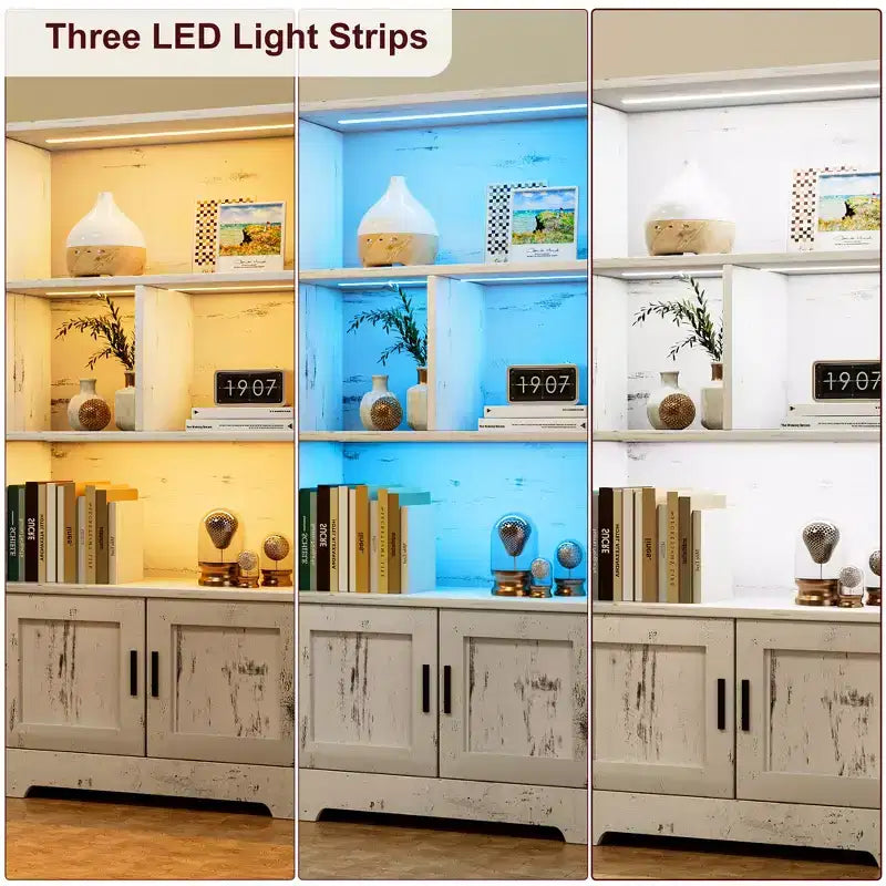 Farmhouse White Bookcase with Door & LED Lights – Multi-Room Storage Rack