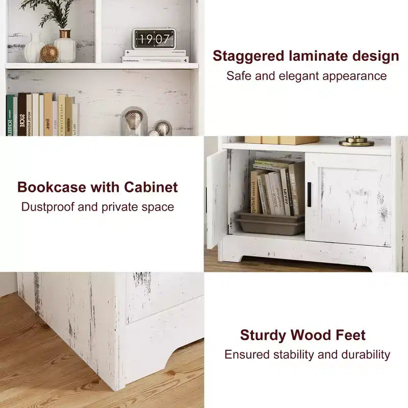 Farmhouse White Bookcase with Door & LED Lights – Multi-Room Storage Rack