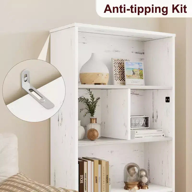 Farmhouse White Bookcase with Door & LED Lights – Multi-Room Storage Rack
