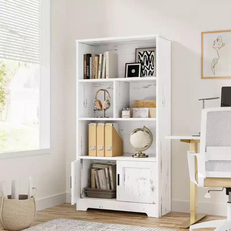 Farmhouse White Bookcase with Door & LED Lights – Multi-Room Storage Rack
