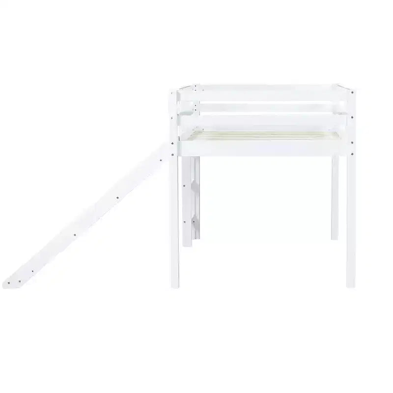 Twin Low Loft Bed with Slide, Ladder & Safety Guardrails – White, Solid Wood