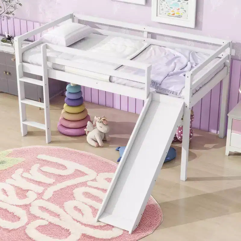 Twin Low Loft Bed with Slide, Ladder & Safety Guardrails – White, Solid Wood