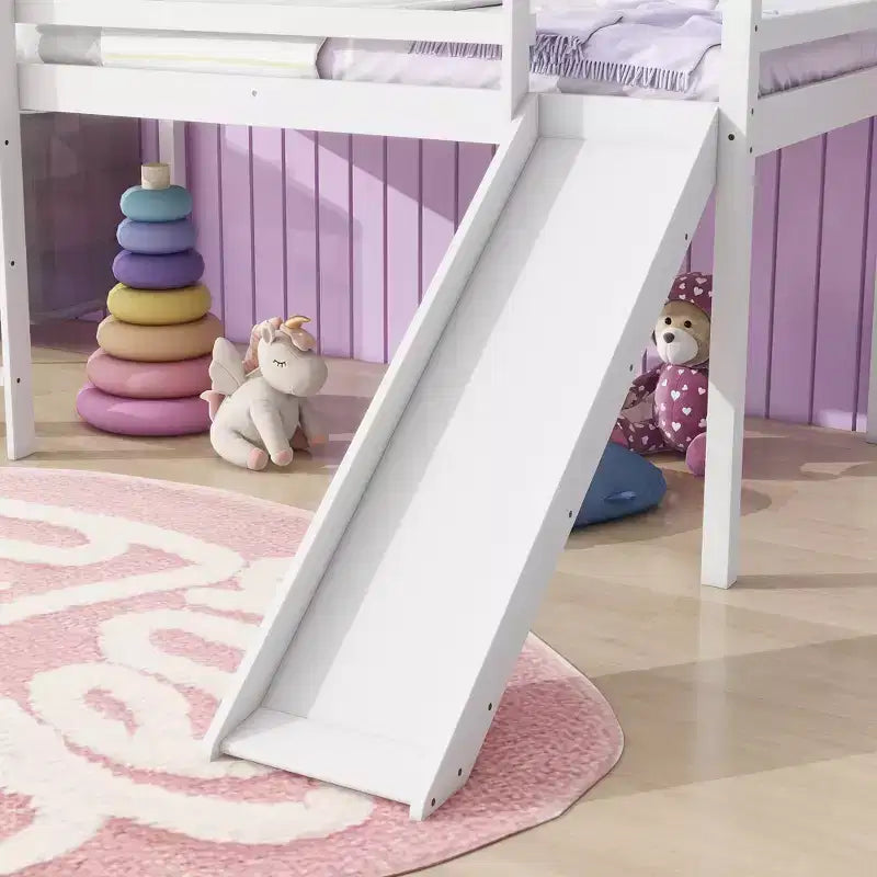 Twin Low Loft Bed with Slide, Ladder & Safety Guardrails – White, Solid Wood