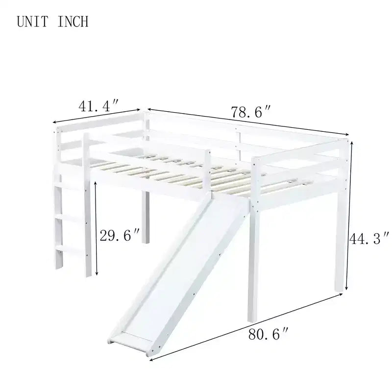 Twin Low Loft Bed with Slide, Ladder & Safety Guardrails – White, Solid Wood