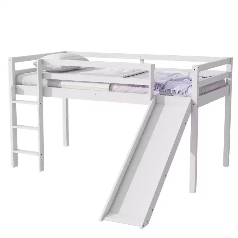 Twin Low Loft Bed with Slide, Ladder & Safety Guardrails – White, Solid Wood