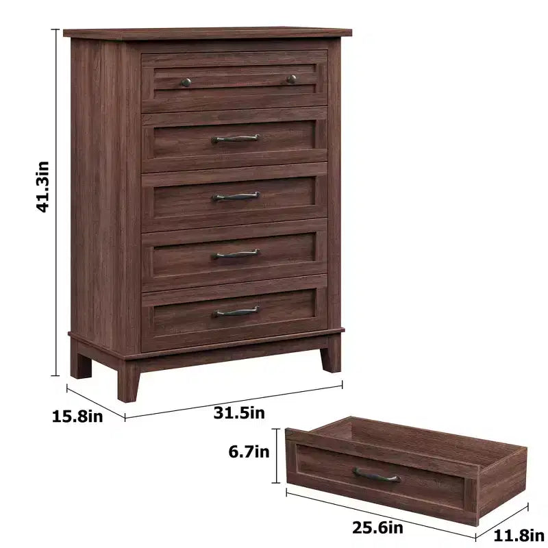 41.3" Tall 5-Drawer Vertical Dresser – Farmhouse Wood Storage Chest
