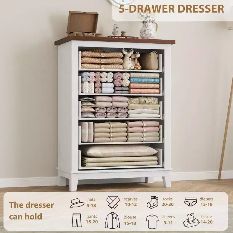 41.3" Tall 5-Drawer Vertical Dresser – Farmhouse Wood Storage Chest