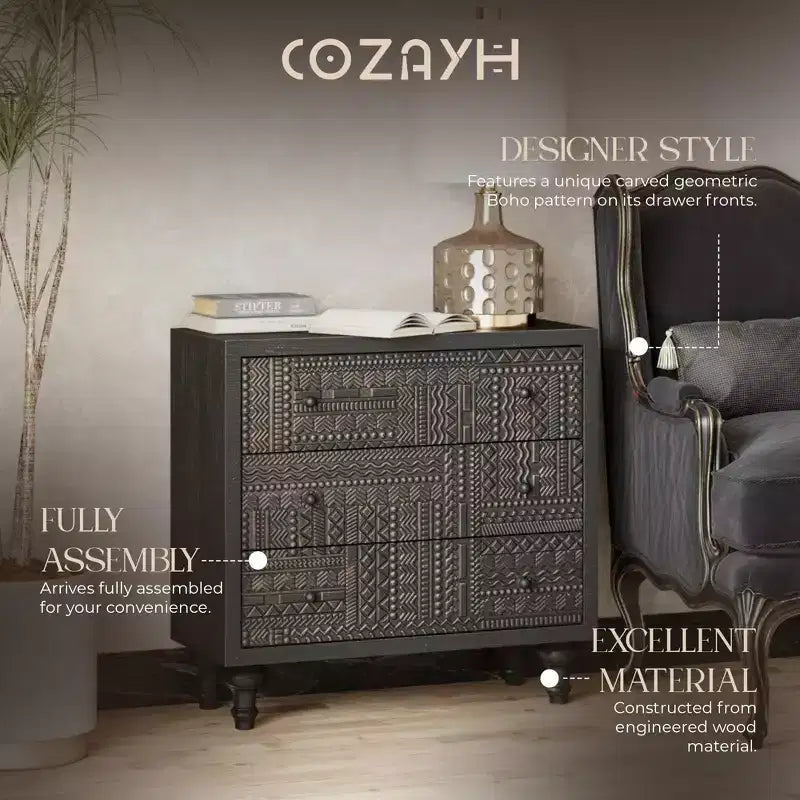 Farmhouse 3-Drawer Bedroom Dresser with Geometric Pattern – Black