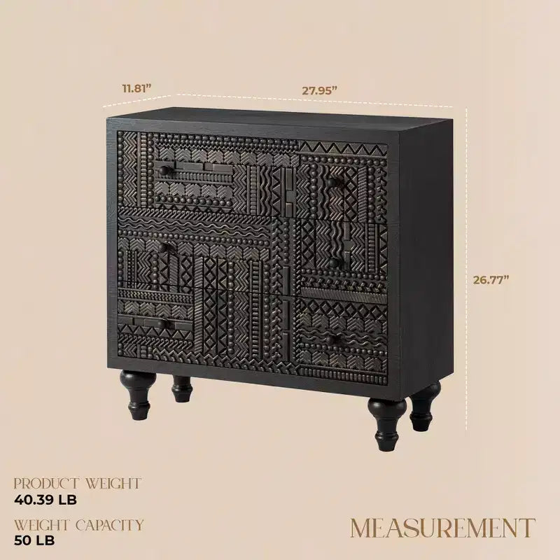 Farmhouse 3-Drawer Bedroom Dresser with Geometric Pattern – Black