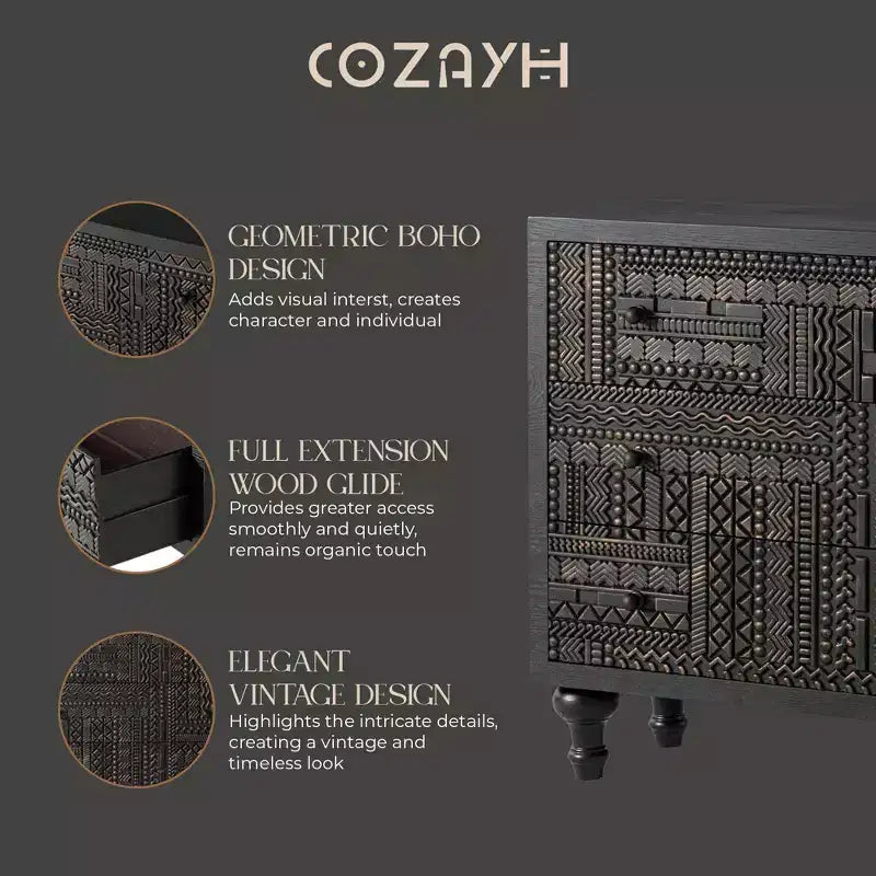 Farmhouse 3-Drawer Bedroom Dresser with Geometric Pattern – Black