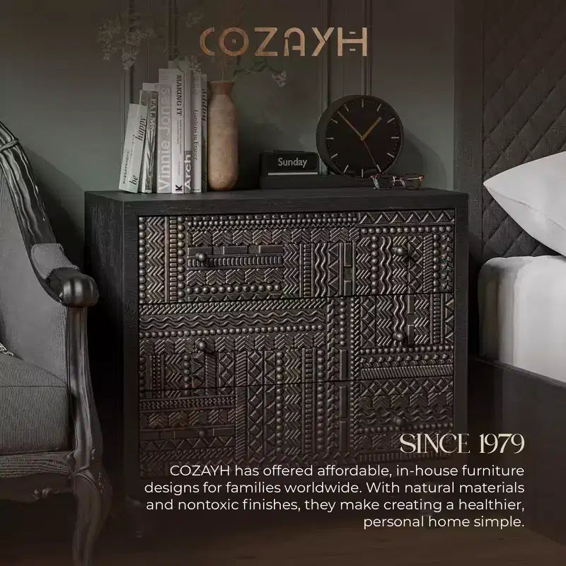 Farmhouse 3-Drawer Bedroom Dresser with Geometric Pattern – Black