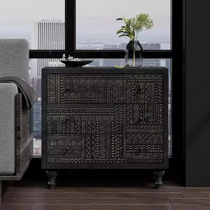 Farmhouse 3-Drawer Bedroom Dresser with Geometric Pattern – Black