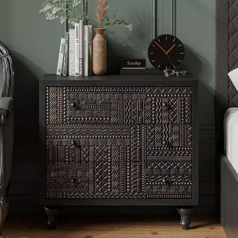 Farmhouse 3-Drawer Bedroom Dresser with Geometric Pattern – Black