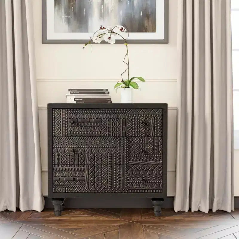 Farmhouse 3-Drawer Bedroom Dresser with Geometric Pattern – Black