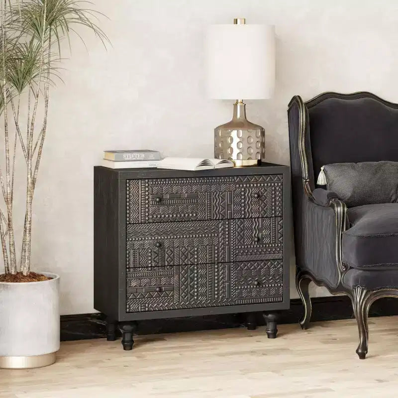 Farmhouse 3-Drawer Bedroom Dresser with Geometric Pattern – Black