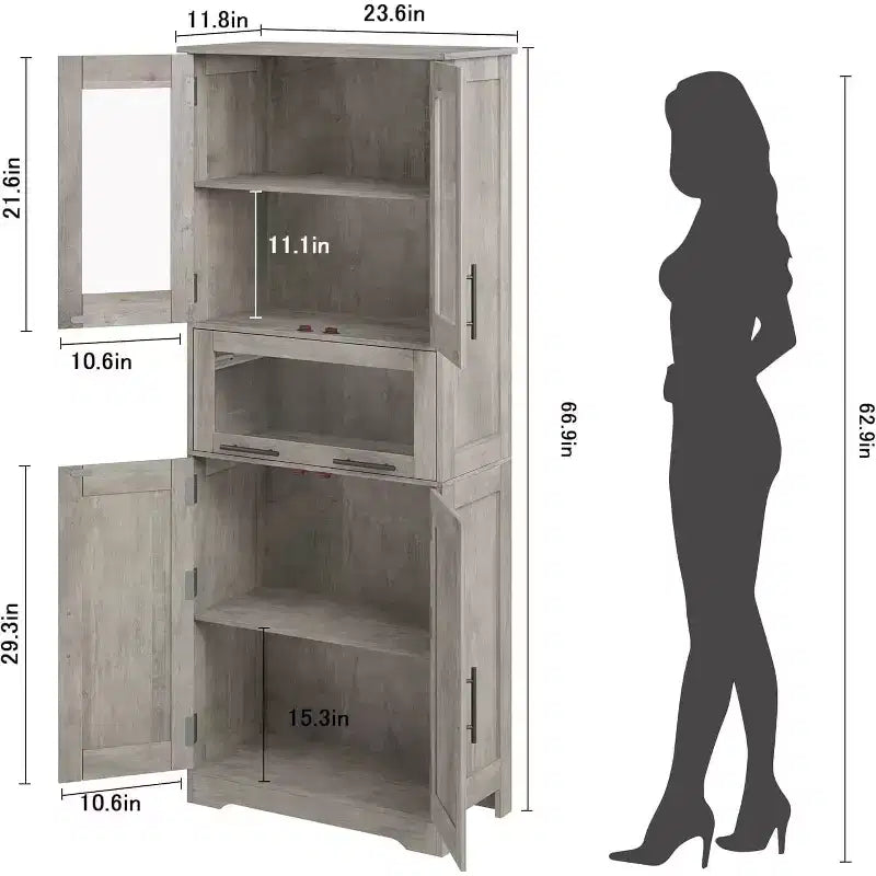 Tall Freestanding Bathroom Floor Cabinet with Doors & Adjustable Shelves – Grey