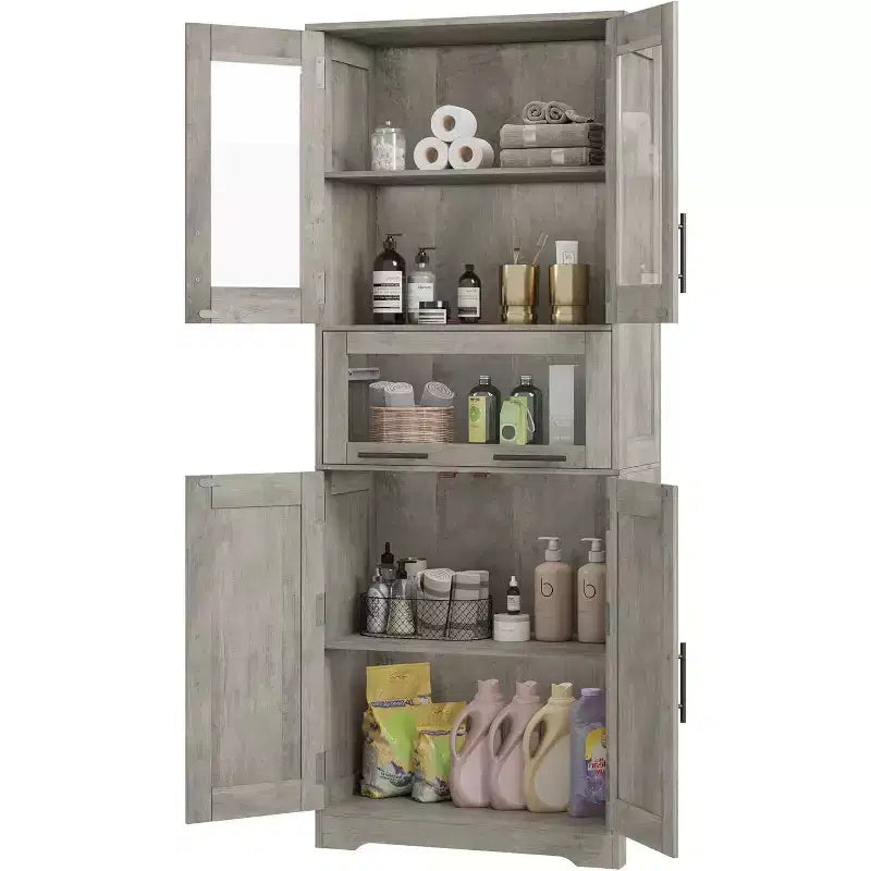 Tall Freestanding Bathroom Floor Cabinet with Doors & Adjustable Shelves – Grey