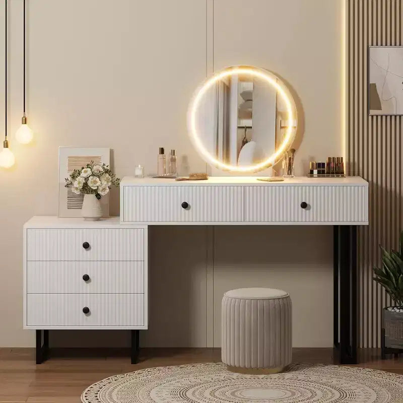 Makeup Vanity Desk with LED Mirror & 5 Drawers – 3 Color Lights, White
