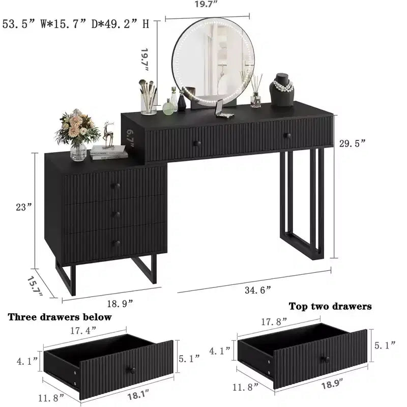 Makeup Vanity Desk with LED Mirror & 5 Drawers – 3 Color Lights, White