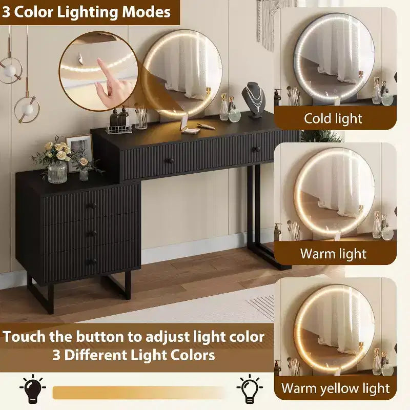 Makeup Vanity Desk with LED Mirror & 5 Drawers – 3 Color Lights, White