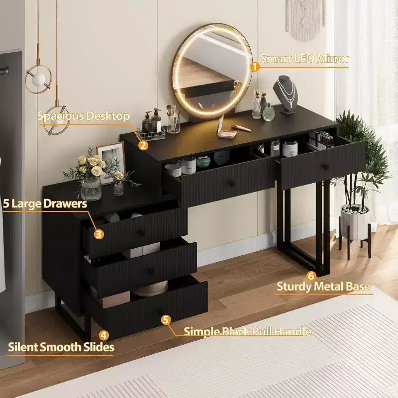 Makeup Vanity Desk with LED Mirror & 5 Drawers – 3 Color Lights, White