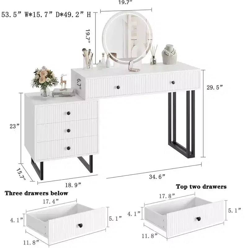Makeup Vanity Desk with LED Mirror & 5 Drawers – 3 Color Lights, White
