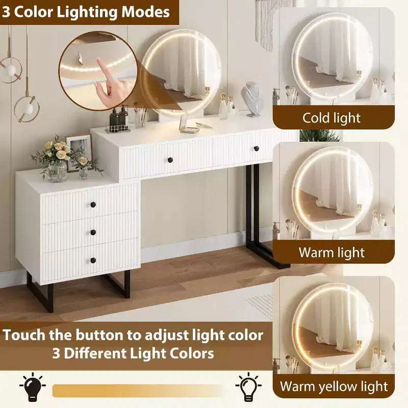 Makeup Vanity Desk with LED Mirror & 5 Drawers – 3 Color Lights, White