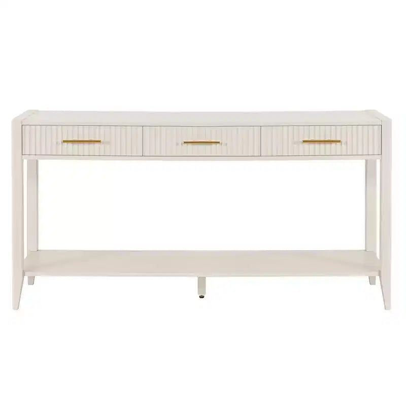 60" Farmhouse Console Table with 3 Drawers & Storage Shelf – Lacquer Finish, Beige