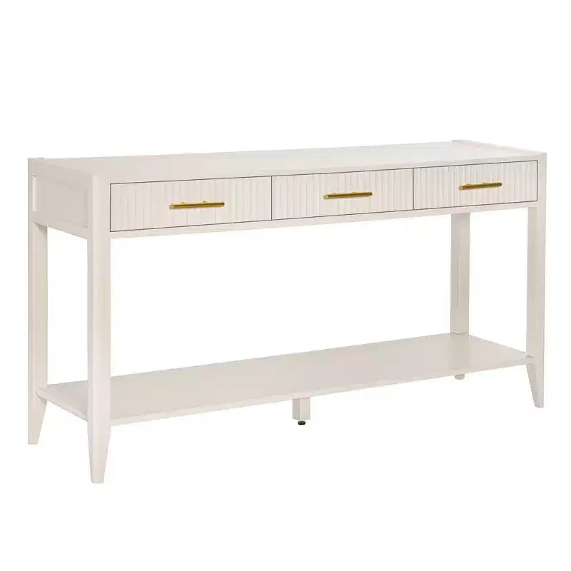 60" Farmhouse Console Table with 3 Drawers & Storage Shelf – Lacquer Finish, Beige