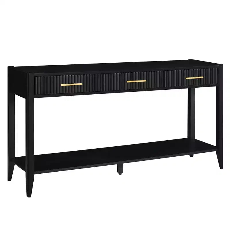 60" Farmhouse Console Table with 3 Drawers & Storage Shelf – Lacquer Finish, Beige