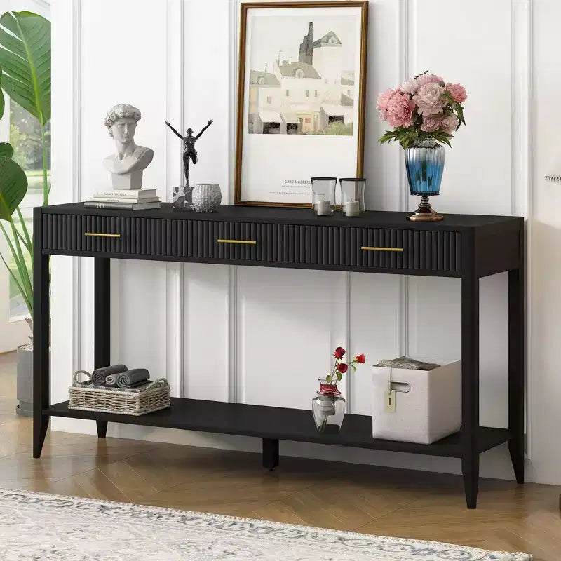 60" Farmhouse Console Table with 3 Drawers & Storage Shelf – Lacquer Finish, Beige