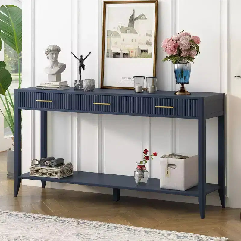 60" Farmhouse Console Table with 3 Drawers & Storage Shelf – Lacquer Finish, Beige